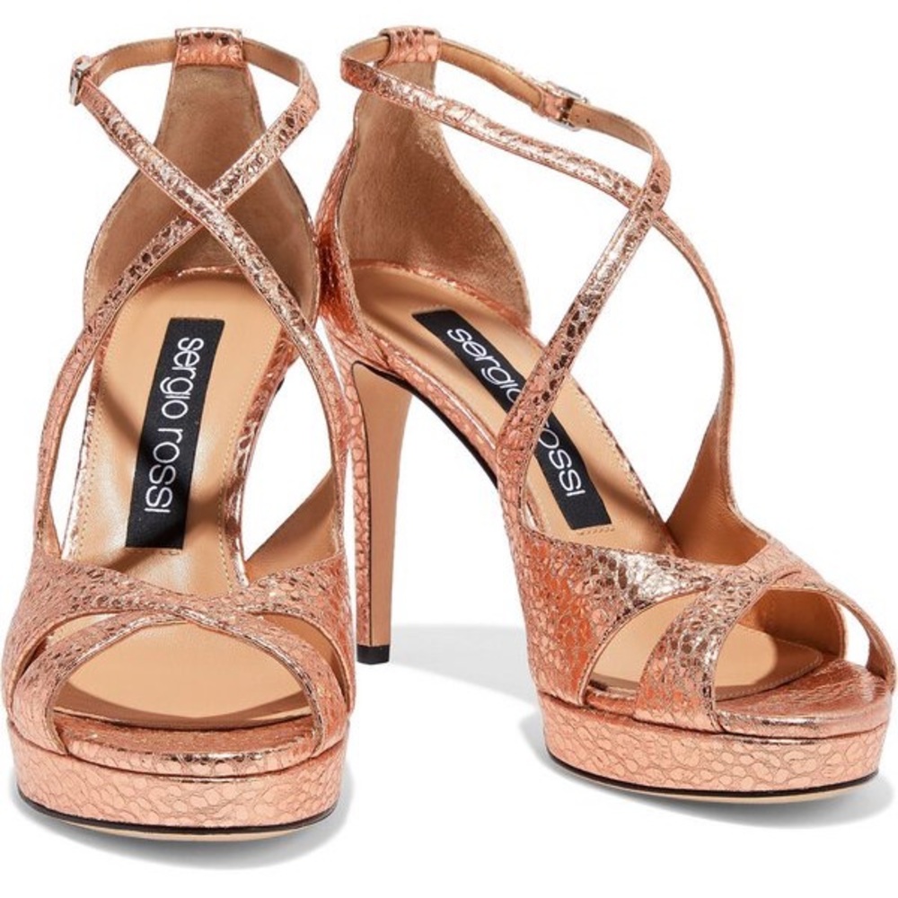 SERGIO ROSSI rose gold snake effect leather platform sandals sz41